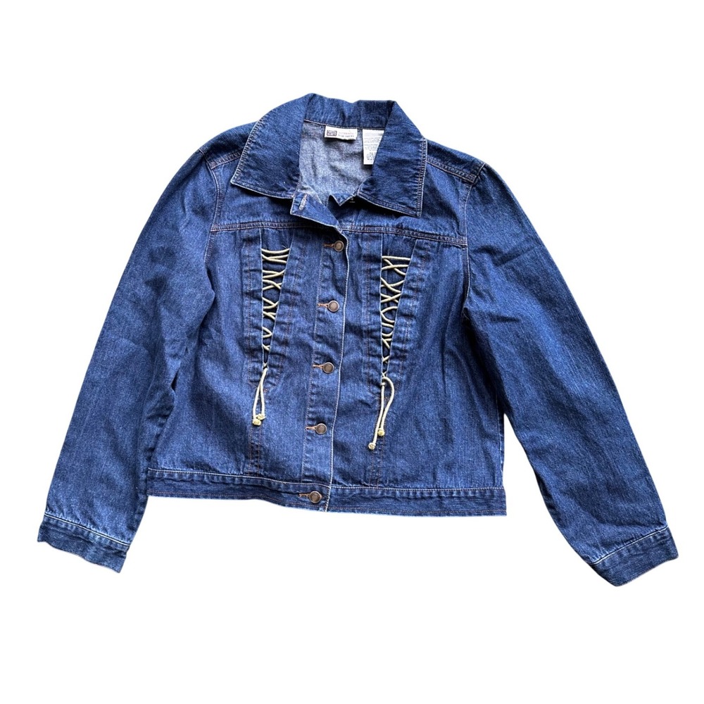 Y2K Faded Glory Womens Denim Jacket Dark Wash Lace Up Corset Front Blue XL
